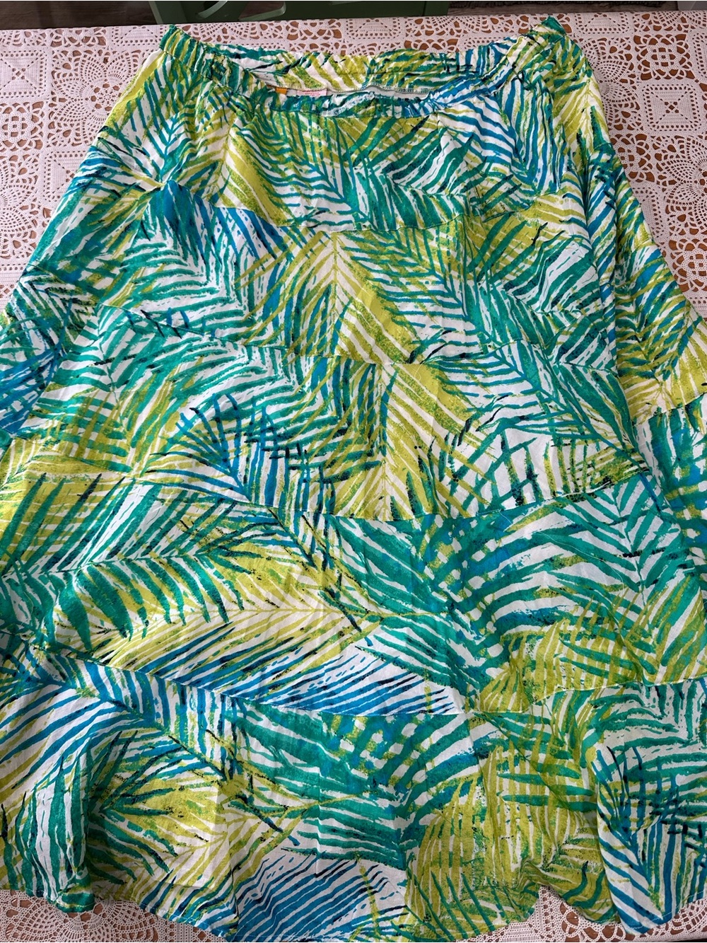 Ruby Rd Tropical Palm Leaf Tiered Midi Skirt Women’s Size 16 Green Blue